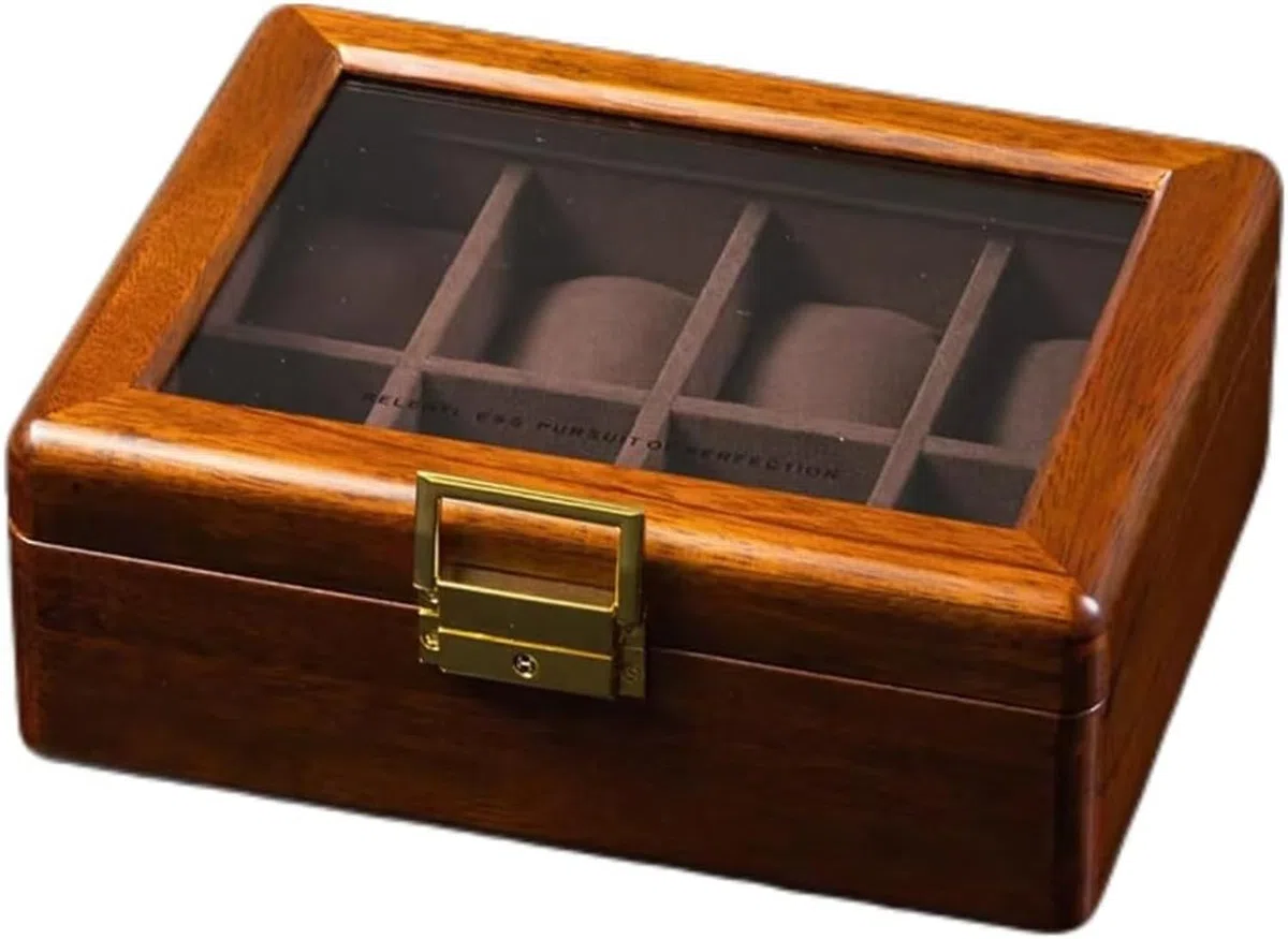 Caja de Madera para Relojes 8 Espacios con Tapa de Cristal Nogal Organizador de Exposición para Hombres Mujeres, 8 Slots-Terciopelo marrón Profundo, Madera Maciza de Teca Dorada