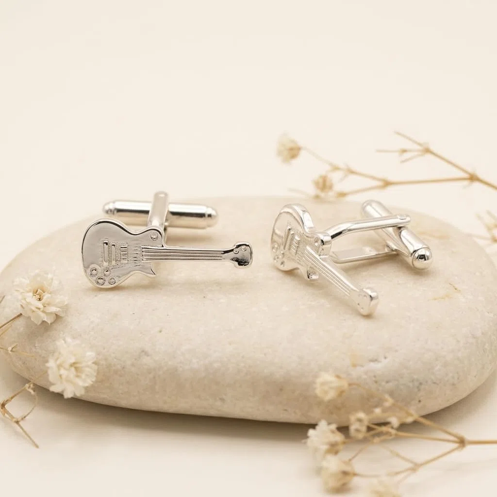 Alexander Castle Gemelos de plata de ley 925 con diseño de guitarra, gemelos novedosos para hombre con caja de regalo de joyería, regalos de música para hombres, Plata de ley, sin piedra