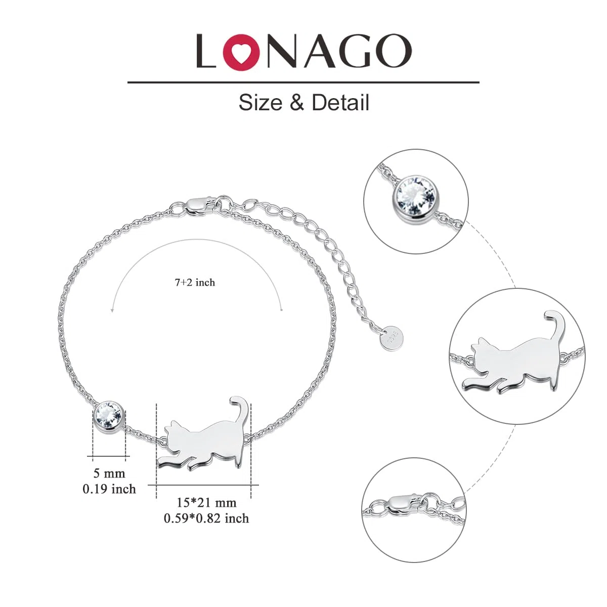 LONAGO Pulsera Gato Plata de Ley 925 Linda Gato con Pulsera de Piedra Lunar Joyas para Mujeres